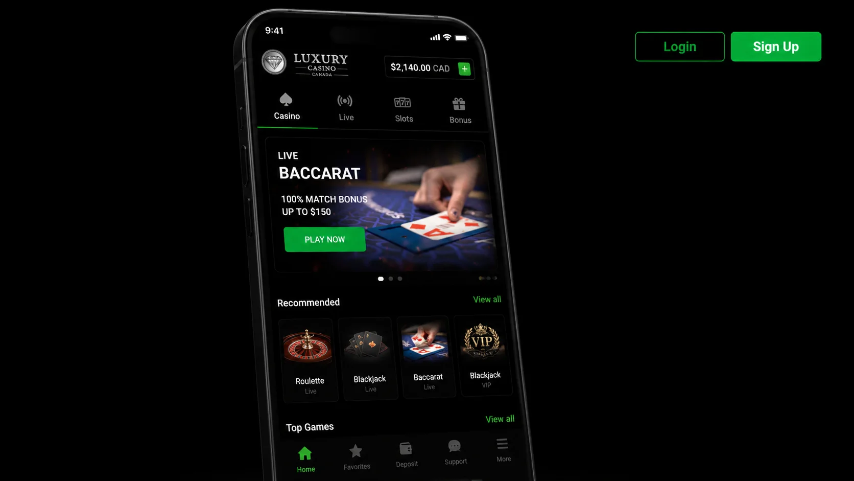 Luxury Casino Canada mobile app — live baccarat session on Android with Login and Sign Up