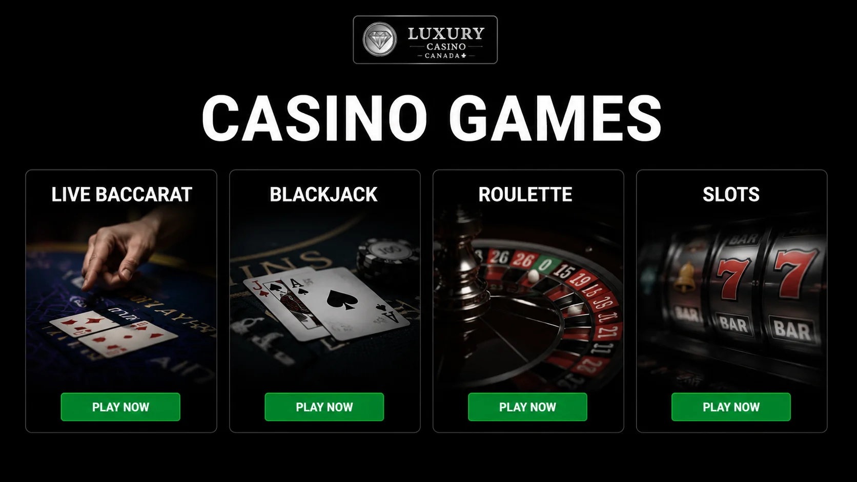 Luxury Casino Canada games lobby — Live Baccarat, Blackjack, Roulette, Slots categories