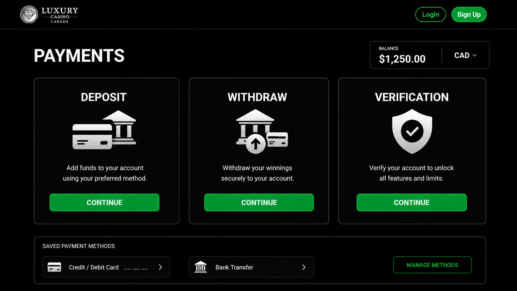 Luxury Casino Canada payments — Deposit, Withdraw and Verification screens